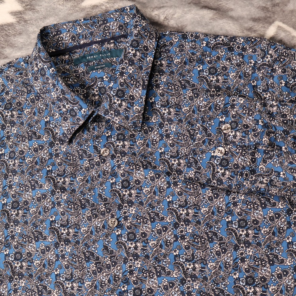 Perry Ellis Mens XL Blue Paisley Floral Stretch Long Sleeve Button Down Shirt